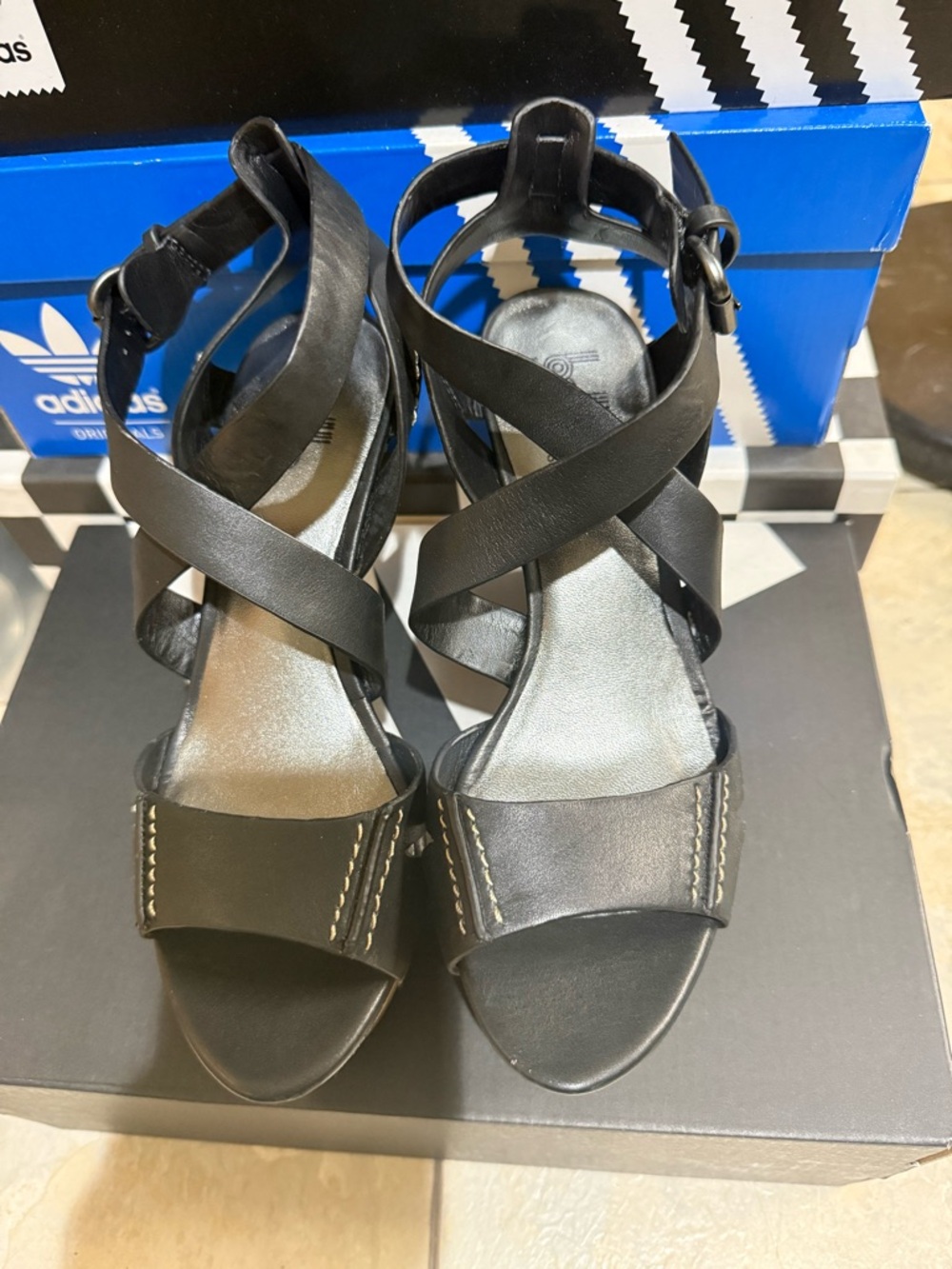 Belle by Sigerson Morrison Black Leather Crisscross Wedge Sandals